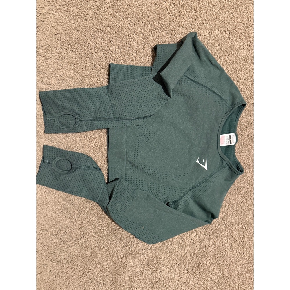 Gymshark Vital Seamless 2.0 Long Sleeve Crop Top Green Marl Thumbholes Medium